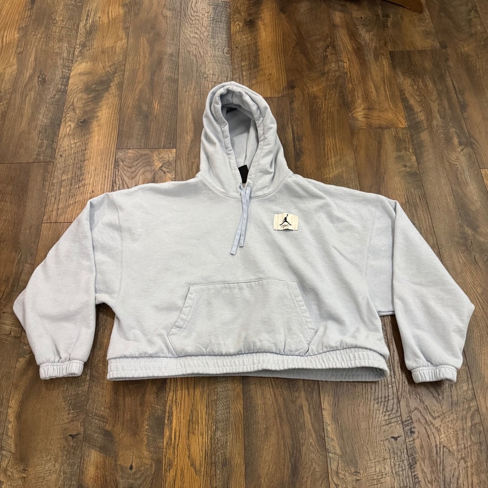 Jordan Flight Womens Loose Fit Fleece Hoodie Light Blue Cropped Sweatshirt XL
